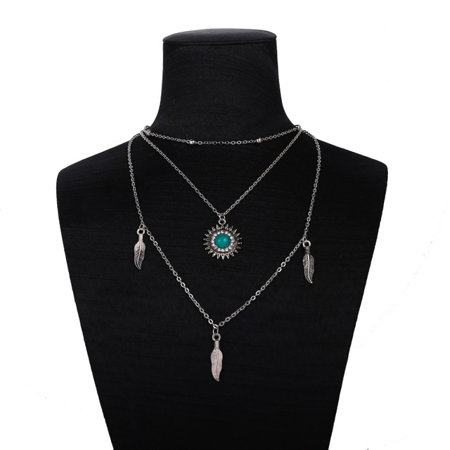 Fashionable multi-layer sun and feather pendant women's necklace European and American accessories