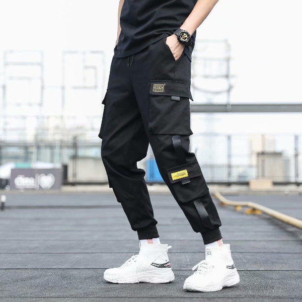 Men&apos;s Side Pockets Cargo Harem Pants 2021 Ribbons Black Hip Hop Casual Male Joggers Trousers