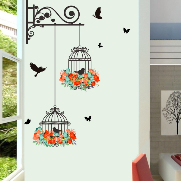 Birdcage Flower Flying for Living Room Nursery Room Wall Stickers Vinyl Wall Decals Wall Home Decor