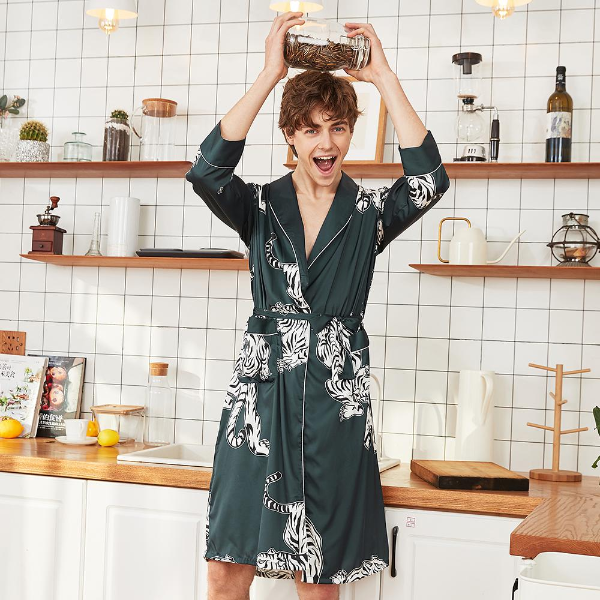 Silky Kimono Robe Bath Gown Chinese Male Long Sleepwear Animal Print Pajama Sleepwear