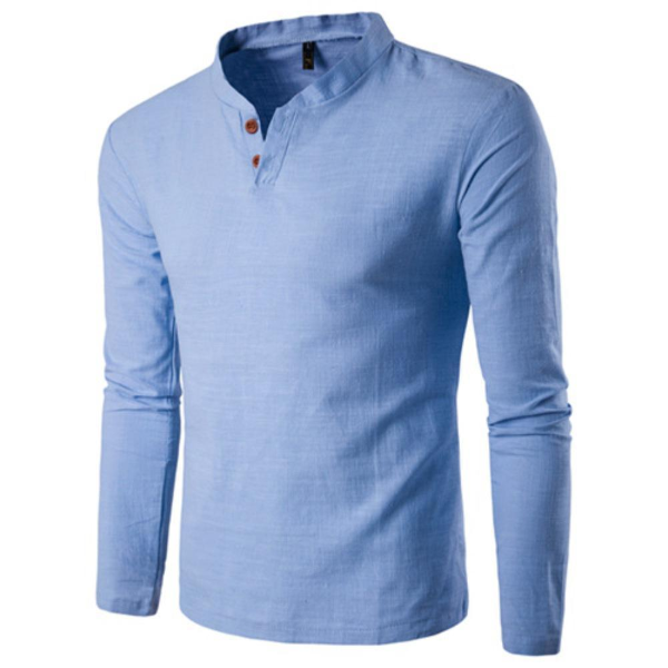 Shirts Men Chinese Style Buttons Solid Color V-Neck Long Sleeve Stand Collar Cotton  Shirts