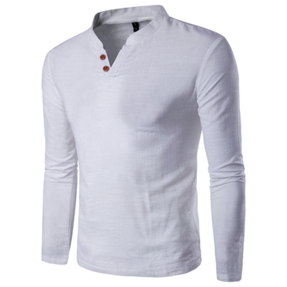 Shirts Men Chinese Style Buttons Solid Color V-Neck Long Sleeve Stand Collar Cotton  Shirts