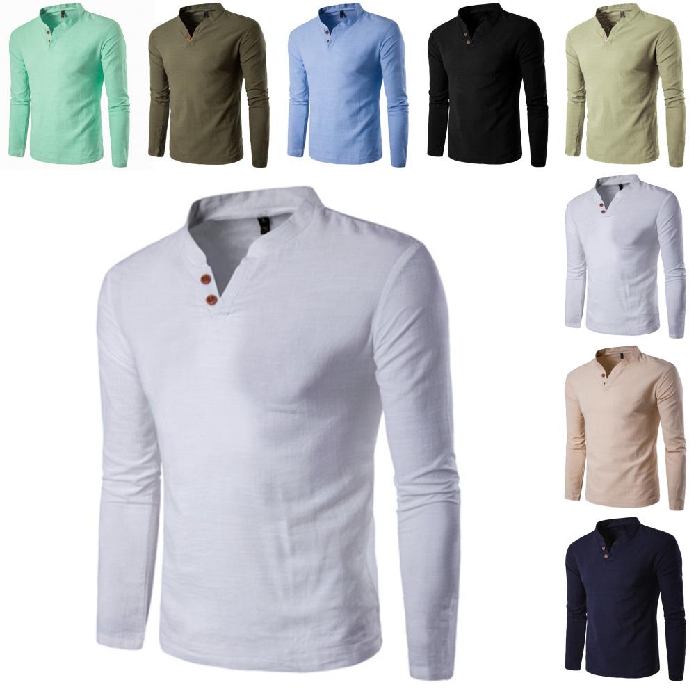 Shirts Men Chinese Style Buttons Solid Color V-Neck Long Sleeve Stand Collar Cotton  Shirts