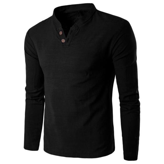 Shirts Men Chinese Style Buttons Solid Color V-Neck Long Sleeve Stand Collar Cotton  Shirts