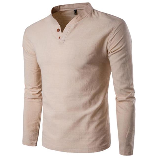 Shirts Men Chinese Style Buttons Solid Color V-Neck Long Sleeve Stand Collar Cotton  Shirts