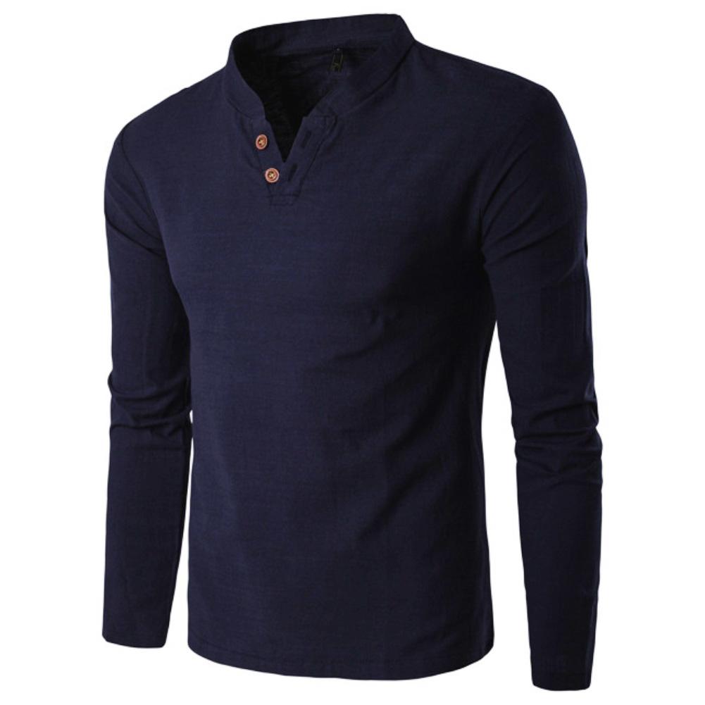 Shirts Men Chinese Style Buttons Solid Color V-Neck Long Sleeve Stand Collar Cotton  Shirts