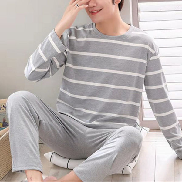 2021 Summer Casual Striped Cotton Pajama Sets for Men Short Sleeve Long Pants Sleepwear