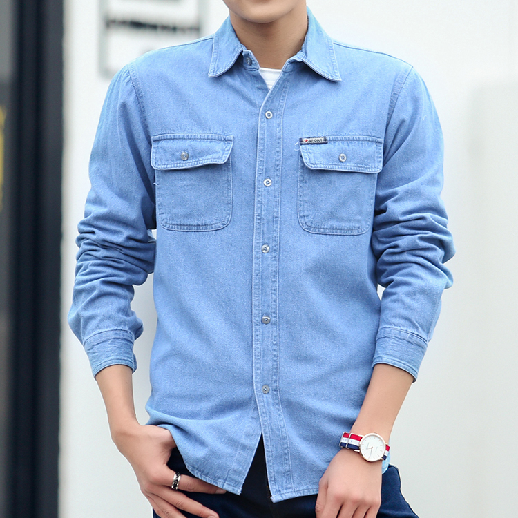 #4705 Denim Shirt For Men Long Sleeve 2021 Spring Autumn Blue Sunscreen Work Clothes  Shirts