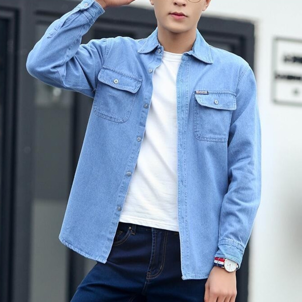 #4705 Denim Shirt For Men Long Sleeve 2021 Spring Autumn Blue Sunscreen Work Clothes  Shirts