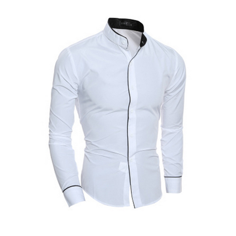 Men Stand Collar Shirt Long Sleeve Turn Down Collar Slim Pure Colors Solid Fit Business Shirts