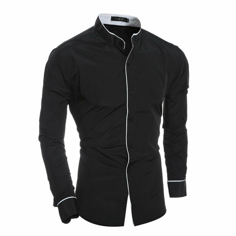 Men Stand Collar Shirt Long Sleeve Turn Down Collar Slim Pure Colors Solid Fit Business Shirts