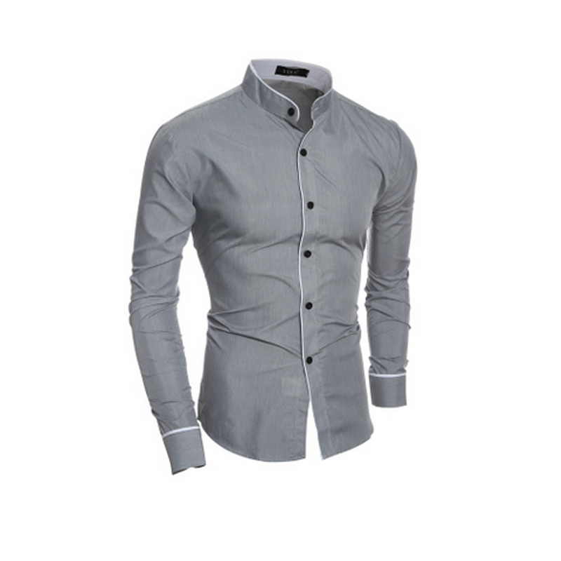 Men Stand Collar Shirt Long Sleeve Turn Down Collar Slim Pure Colors Solid Fit Business Shirts