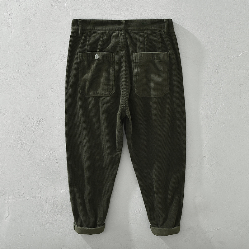 1633 Men Corduroy Pants Casual Japan Style Retro Loose Straight Thicken Outdoor Daily Artsy Simple Pleated Cargo Trousers