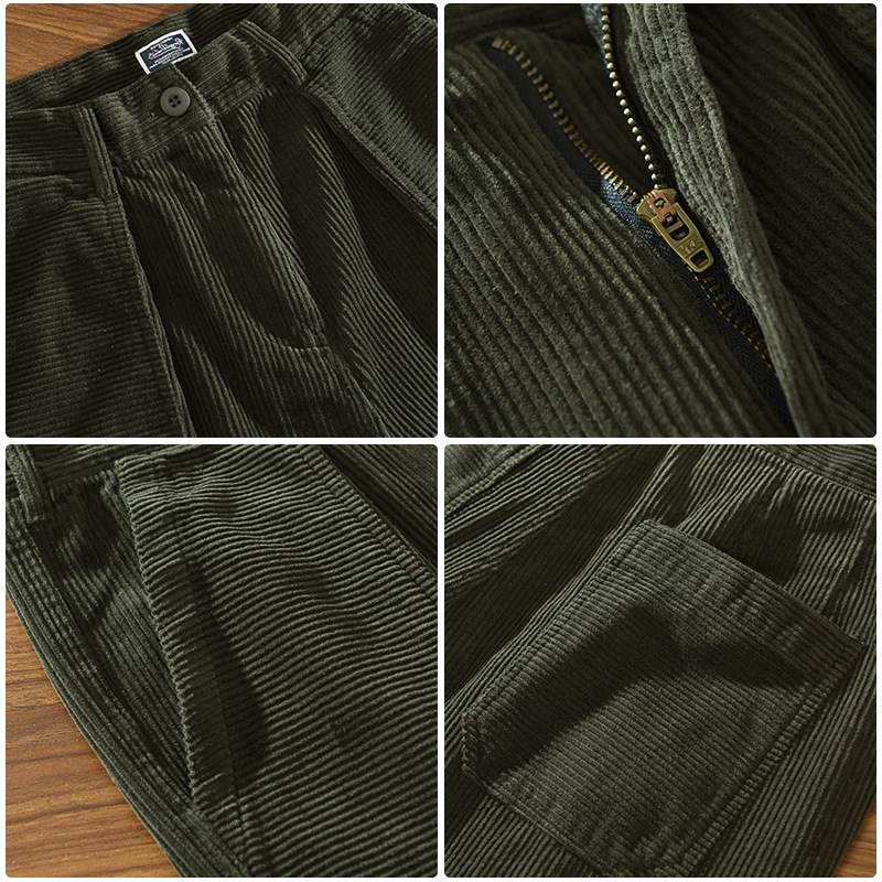 1633 Men Corduroy Pants Casual Japan Style Retro Loose Straight Thicken Outdoor Daily Artsy Simple Pleated Cargo Trousers