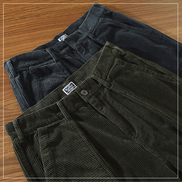1633 Men Corduroy Pants Casual Japan Style Retro Loose Straight Thicken Outdoor Daily Artsy Simple Pleated Cargo Trousers