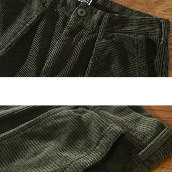 1633 Men Corduroy Pants Casual Japan Style Retro Loose Straight Thicken Outdoor Daily Artsy Simple Pleated Cargo Trousers