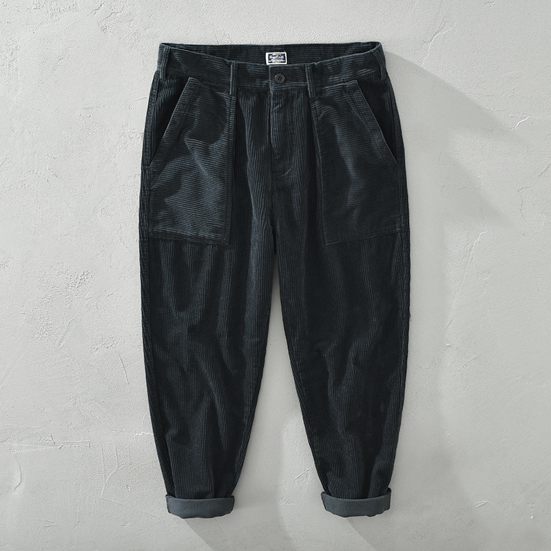 1633 Men Corduroy Pants Casual Japan Style Retro Loose Straight Thicken Outdoor Daily Artsy Simple Pleated Cargo Trousers