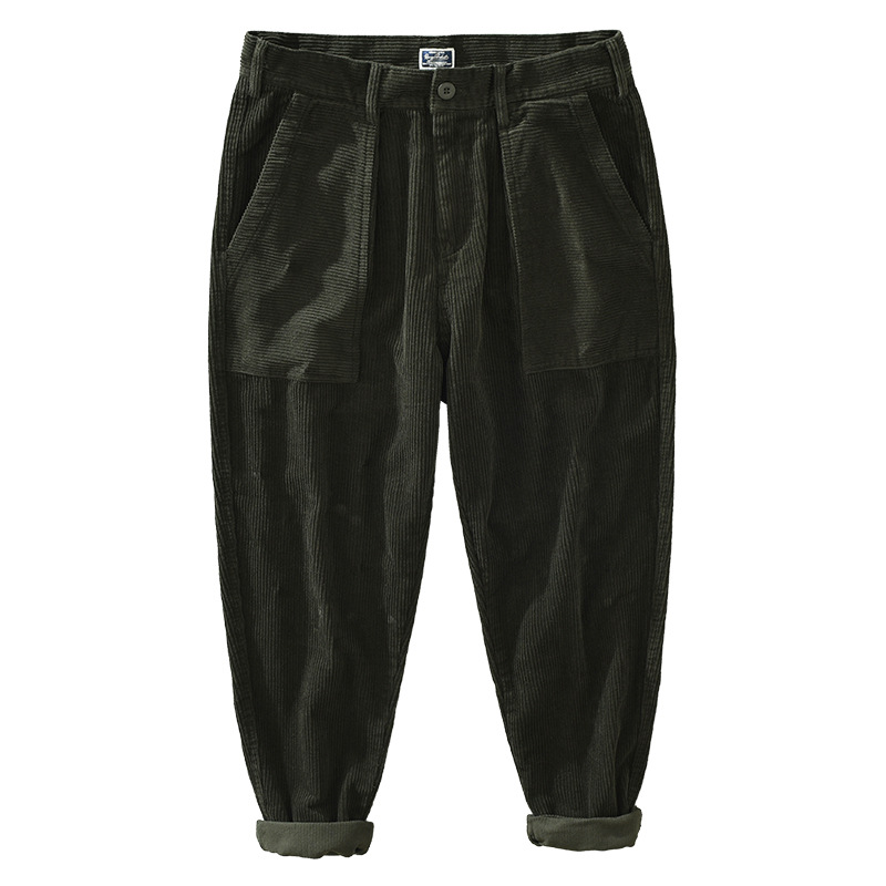 1633 Men Corduroy Pants Casual Japan Style Retro Loose Straight Thicken Outdoor Daily Artsy Simple Pleated Cargo Trousers