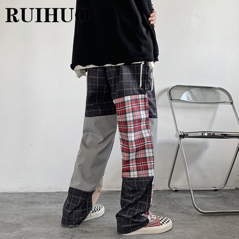 RUIHUO Patchwork Plaid Streetwear Pants Men Clothing Korean Fashion  Trousers