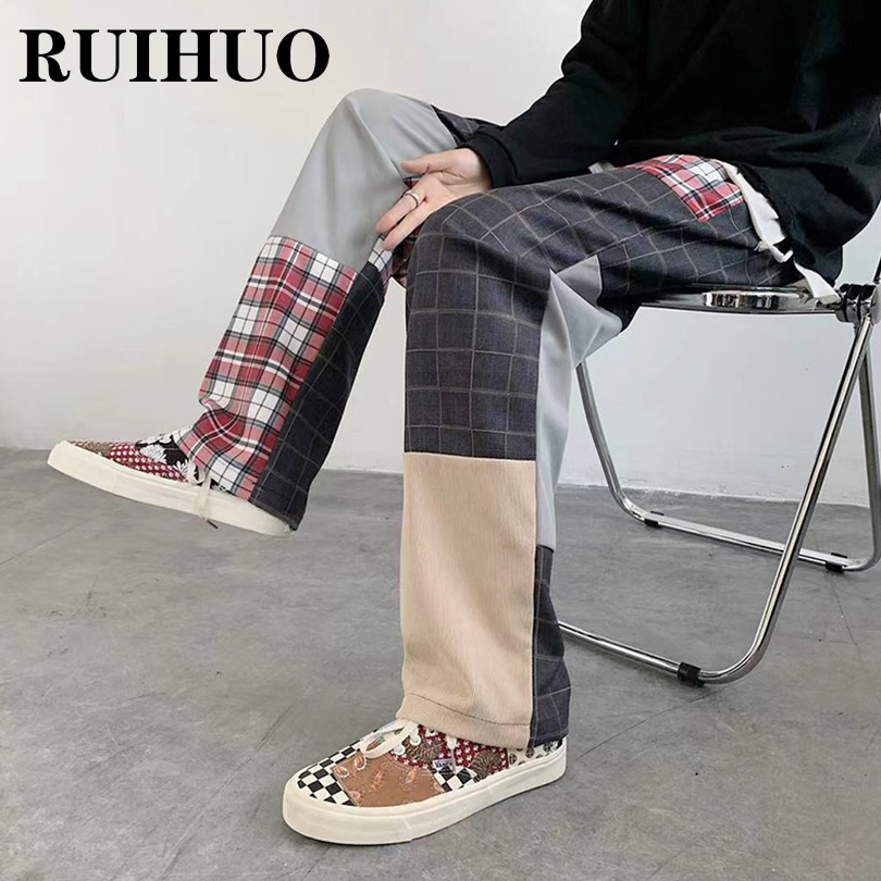 RUIHUO Patchwork Plaid Streetwear Pants Men Clothing Korean Fashion  Trousers