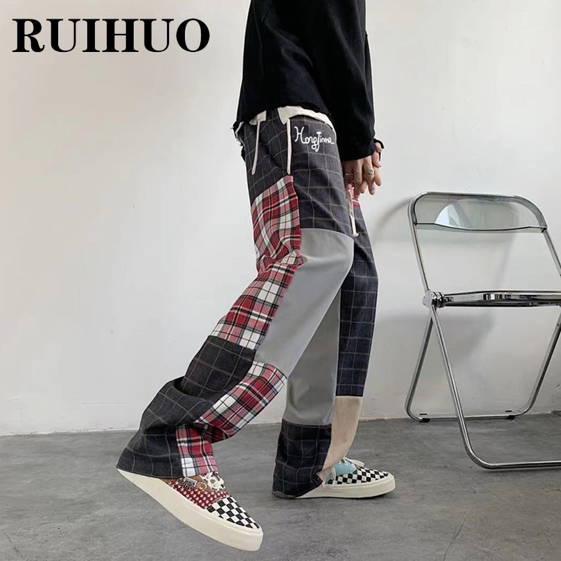 RUIHUO Patchwork Plaid Streetwear Pants Men Clothing Korean Fashion  Trousers