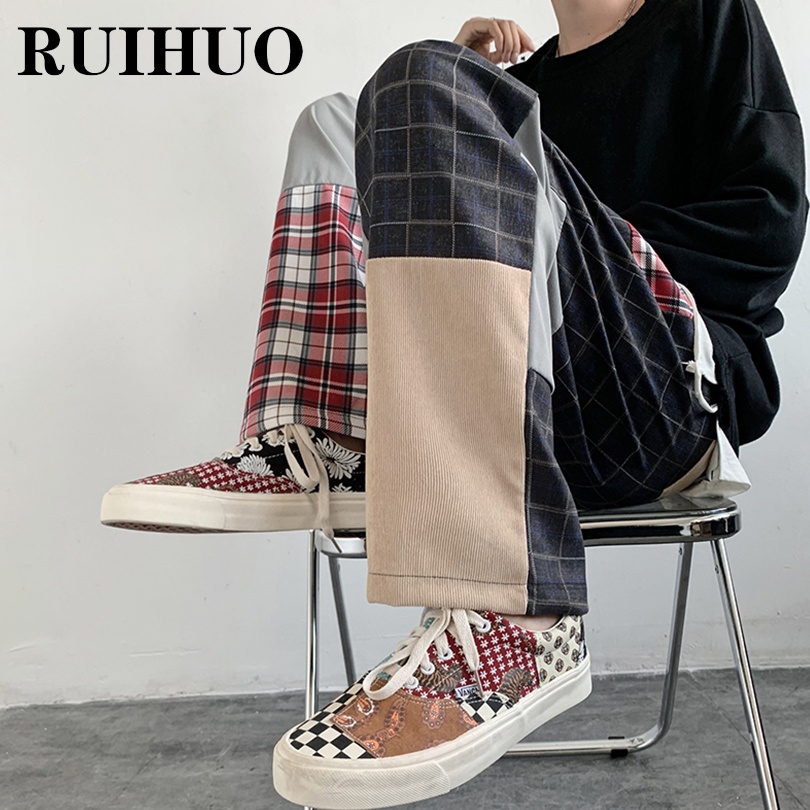 RUIHUO Patchwork Plaid Streetwear Pants Men Clothing Korean Fashion  Trousers