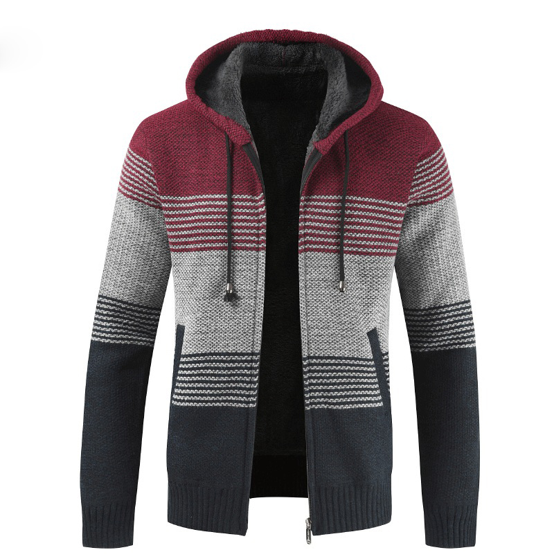Winter Sweater Coat Men Thick Warm Hooded Cardigan Jumpers Men Striped  Jackets & Trench Coats