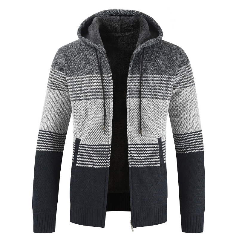 Winter Sweater Coat Men Thick Warm Hooded Cardigan Jumpers Men Striped  Jackets & Trench Coats