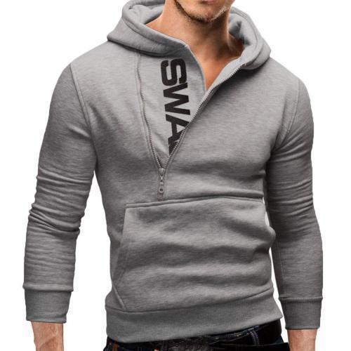 Sports Men Plus Size Slant Zipper Letter Hoodies Long Sleeve Hooded Sweatshirt Slim Warm Outdoor Jackets & Trench Coats
