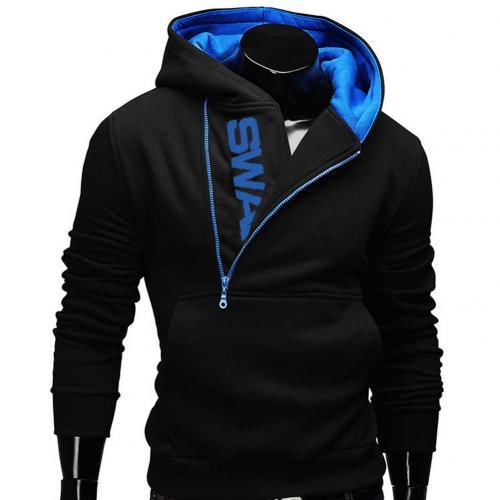 Sports Men Plus Size Slant Zipper Letter Hoodies Long Sleeve Hooded Sweatshirt Slim Warm Outdoor Jackets & Trench Coats