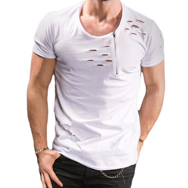 2018 New Mens Hollow out zipper T Shirt Male solid Hip Hop Hole T Shirts Tops Short Sleeve T-shirts & Polos