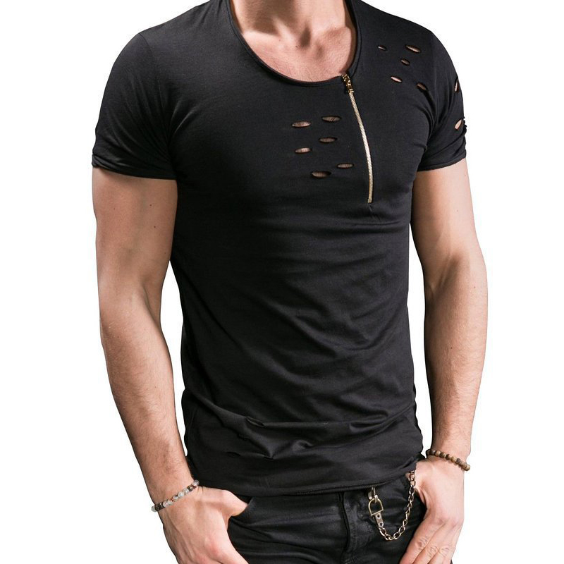 2018 New Mens Hollow out zipper T Shirt Male solid Hip Hop Hole T Shirts Tops Short Sleeve T-shirts & Polos