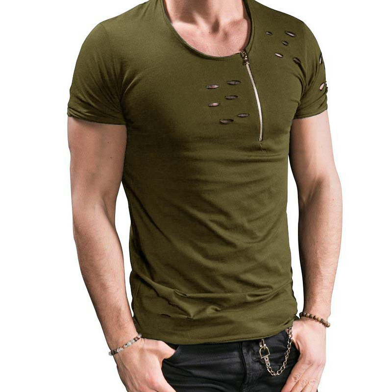 2018 New Mens Hollow out zipper T Shirt Male solid Hip Hop Hole T Shirts Tops Short Sleeve T-shirts & Polos