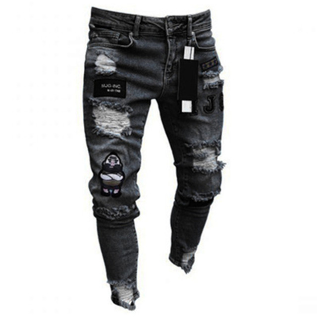 Men Stretchy Ripped Skinny Biker Embroidery Cartoon Print Jeans Destroyed Hole Trousers