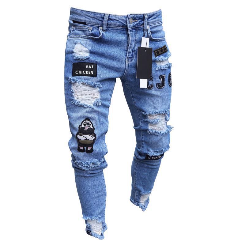 Men Stretchy Ripped Skinny Biker Embroidery Cartoon Print Jeans Destroyed Hole Trousers