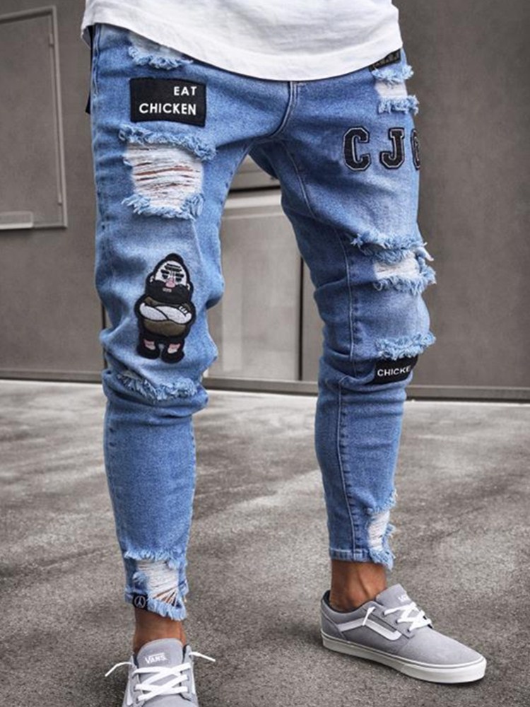Men Stretchy Ripped Skinny Biker Embroidery Cartoon Print Jeans Destroyed Hole Trousers