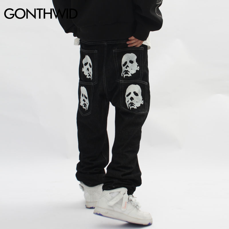 Hip Hop Gothic Denim Pants Streetwear Mens Graphic Print Baggy Punk Rock Jeans Trousers