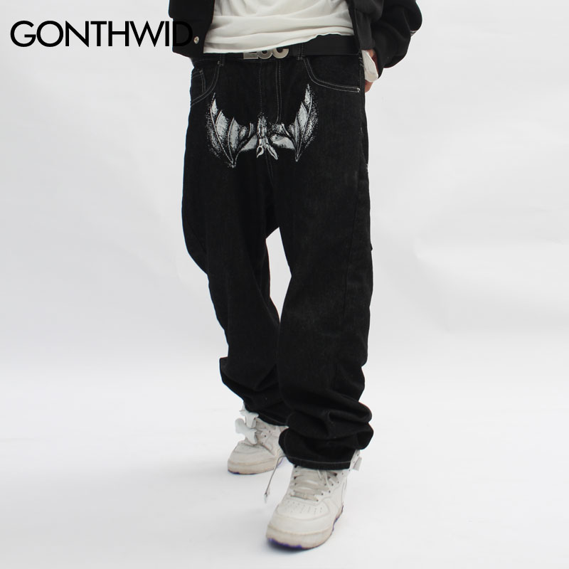Hip Hop Gothic Denim Pants Streetwear Mens Graphic Print Baggy Punk Rock Jeans Trousers
