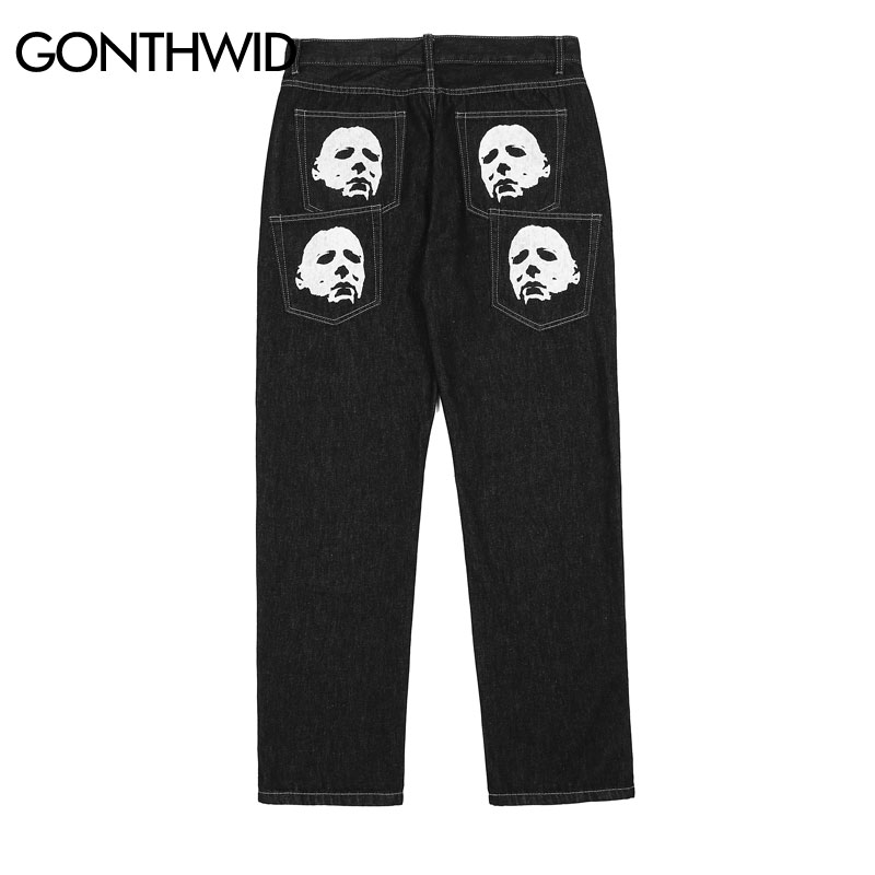 Hip Hop Gothic Denim Pants Streetwear Mens Graphic Print Baggy Punk Rock Jeans Trousers