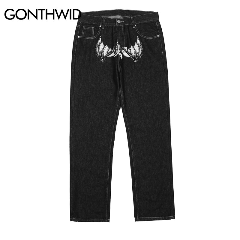 Hip Hop Gothic Denim Pants Streetwear Mens Graphic Print Baggy Punk Rock Jeans Trousers