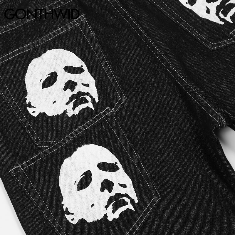 Hip Hop Gothic Denim Pants Streetwear Mens Graphic Print Baggy Punk Rock Jeans Trousers