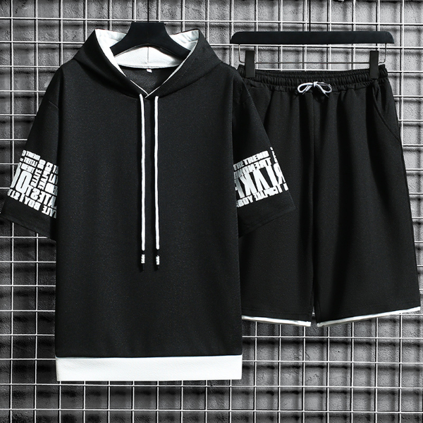 Casual Men Short Sleeved Sets 2022 Summer New Mens Harajuku Hooded T-shirt + Shorts Fashion  Shorts