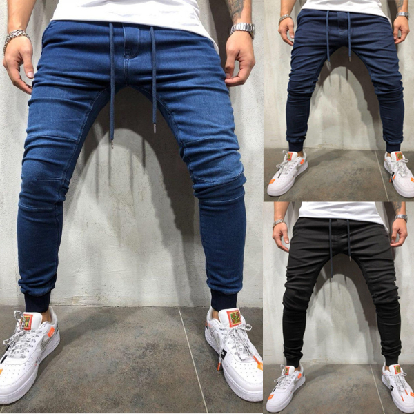 Fashion high waist tight simple men's jeans cool slim shape tie up small feet jeans trousers