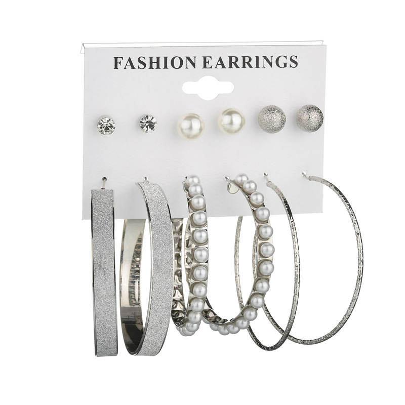 6 Pairs/Set Hot Selling European  American Fashion Exaggeration Pearl Big Ring Earrings  for Women