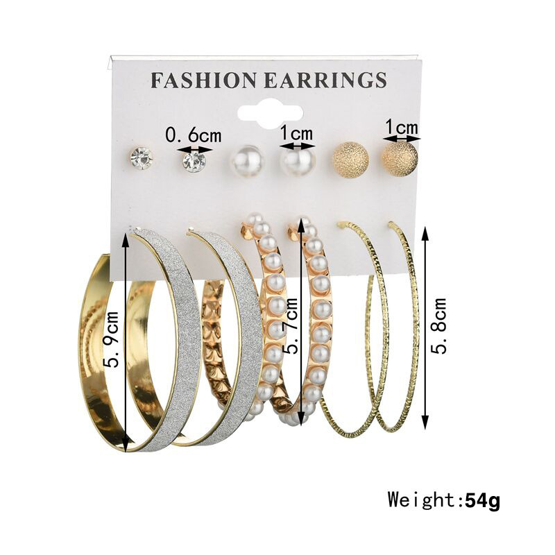 6 Pairs/Set Hot Selling European  American Fashion Exaggeration Pearl Big Ring Earrings  for Women