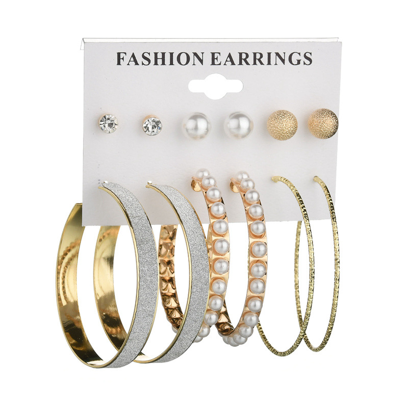 6 Pairs/Set Hot Selling European  American Fashion Exaggeration Pearl Big Ring Earrings  for Women
