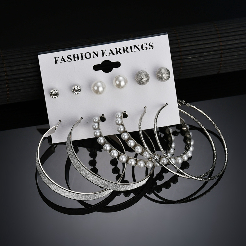 6 Pairs/Set Hot Selling European  American Fashion Exaggeration Pearl Big Ring Earrings  for Women