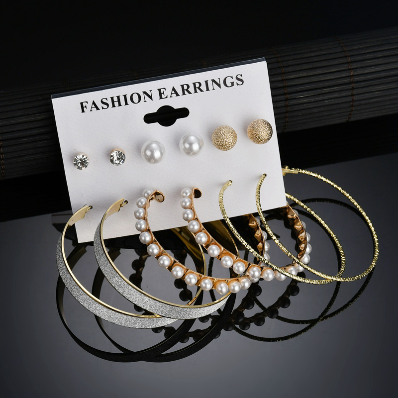 6 Pairs/Set Hot Selling European  American Fashion Exaggeration Pearl Big Ring Earrings  for Women