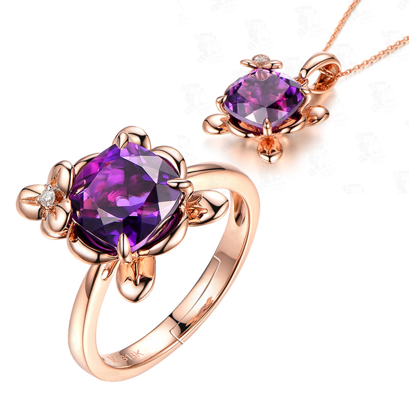 Amethyst gemstones purple crystal pendant necklace and rings for women  Rose gold  jewelry sets gift