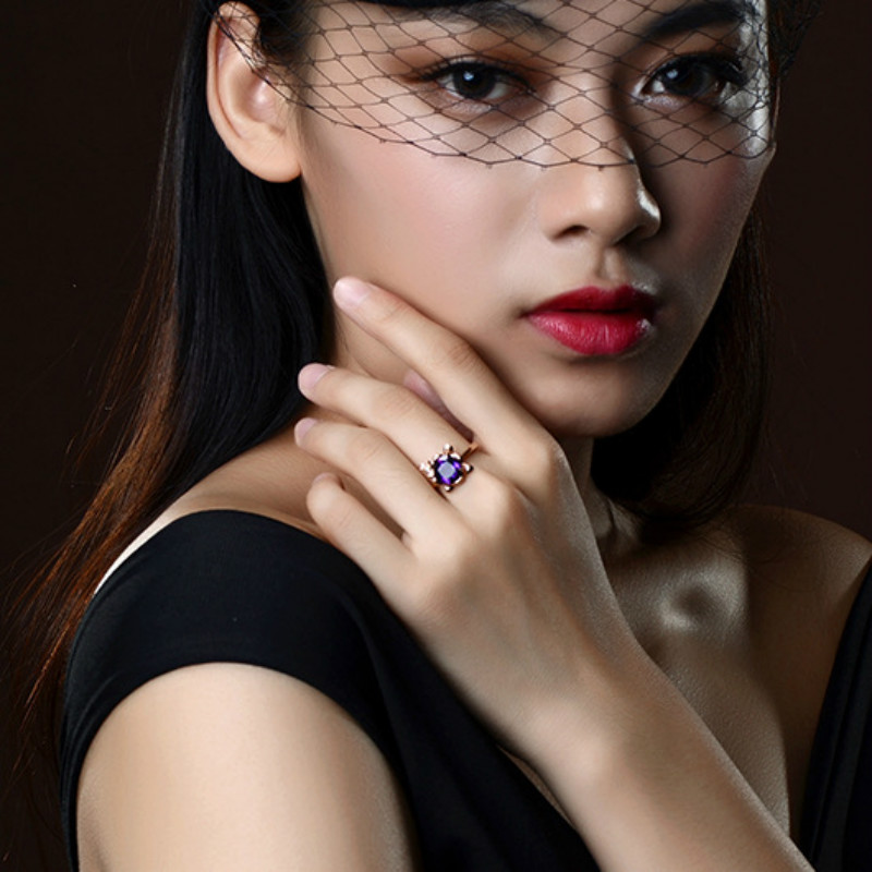 Amethyst gemstones purple crystal pendant necklace and rings for women  Rose gold  jewelry sets gift